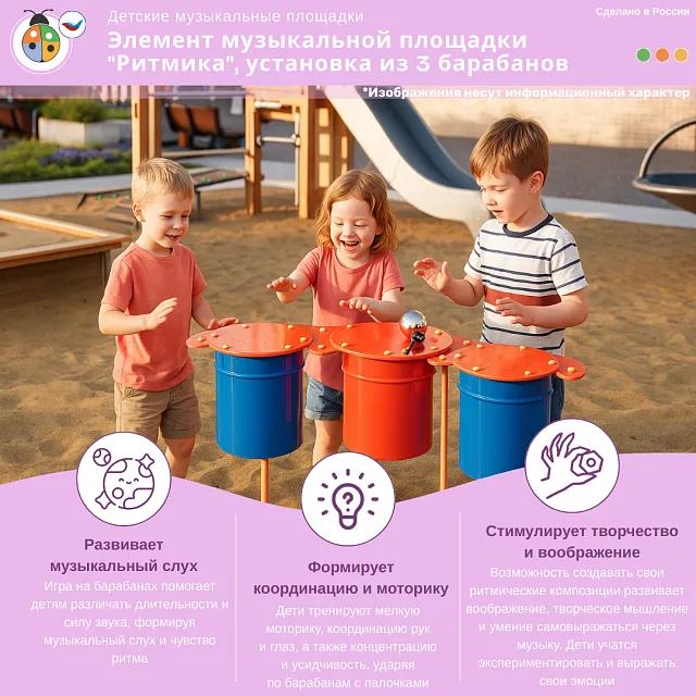 Элемент музыкальной площадки "Ритмика", установка из 3 барабанов с палочками