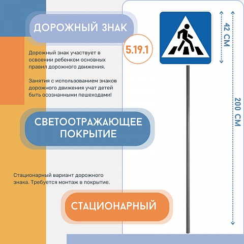 Знак дорожный "Пешеходный переход" 5.19.1 на столбе стационарный светоотражающий