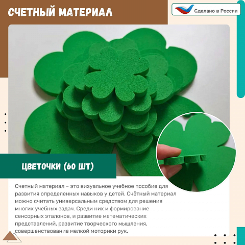 Счетный материал эксклюзивный 60 цветочков, салатовый, по 10 штук каждого размера, математика