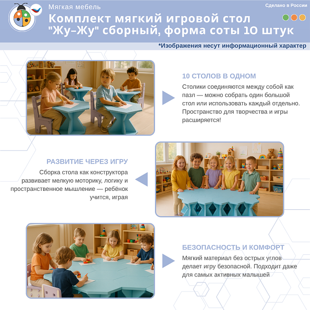 Комплект мягкий игровой стол "Жу-Жу" сборный, форма соты 10 штук