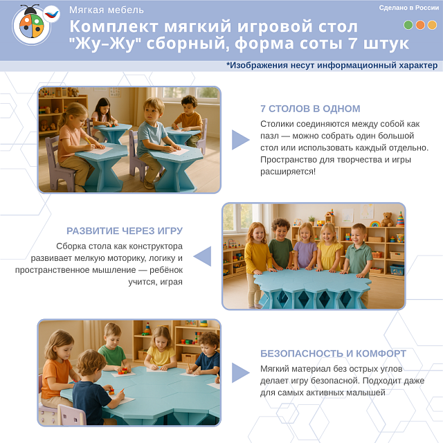 Комплект мягкий игровой стол "Жу-Жу" сборный, форма соты 7 штук